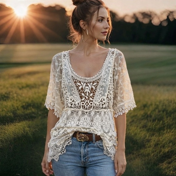 Pretty Angel Tops - Pretty Angel Boho Lace Tunic Top XL Ivory Crochet & Lace Romantic Festival